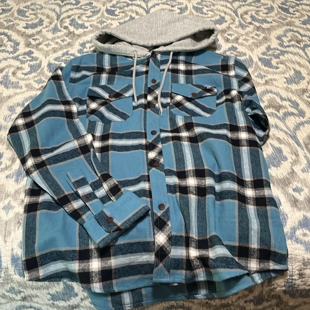 NWT Quiksilver Blue and Gray Hooded Flannel